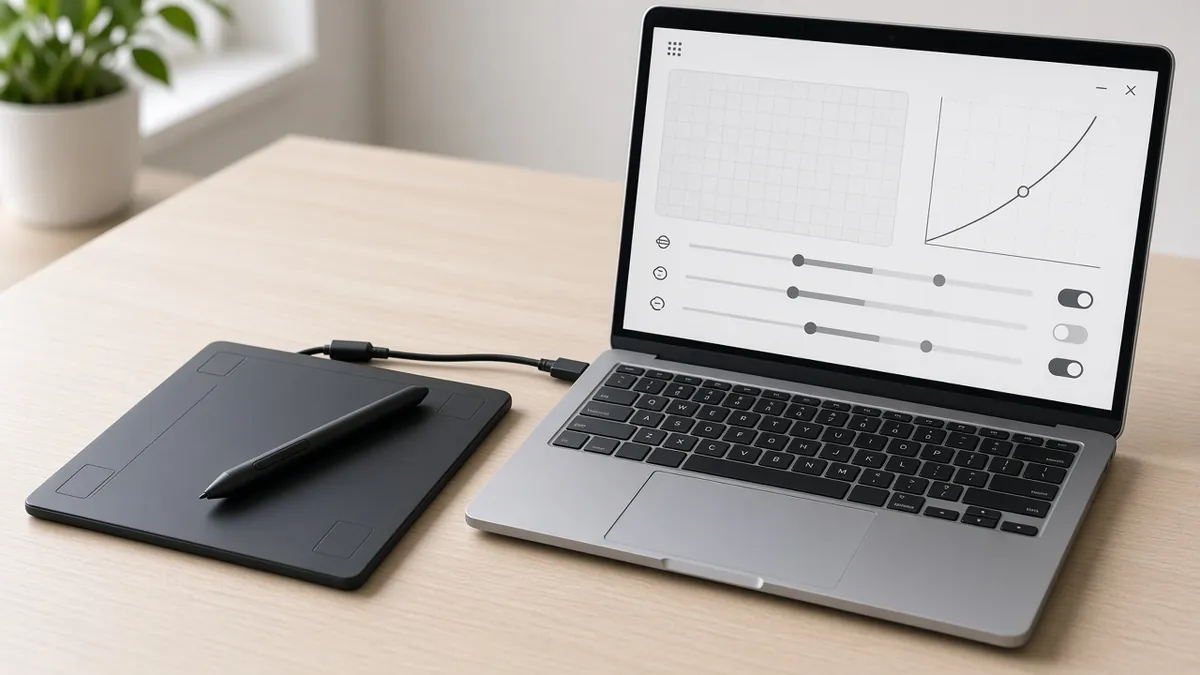 Grafiktablett einrichten: Tablett per USB am Laptop, auf dem Bildschirm Treiber-Einstellungen mit Druckkurve