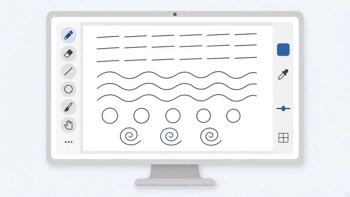 Einfaches Zeichenprogramm mit ersten Linienübungen, Wellen, Kreisen und Spiralen auf weißer Leinwand