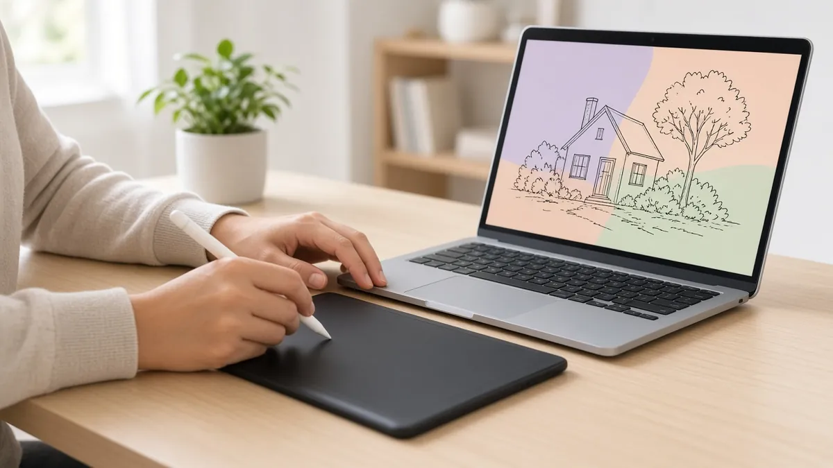 Hände zeichnen mit Stift auf einem Grafiktablett für Anfänger ohne Display am Laptop
