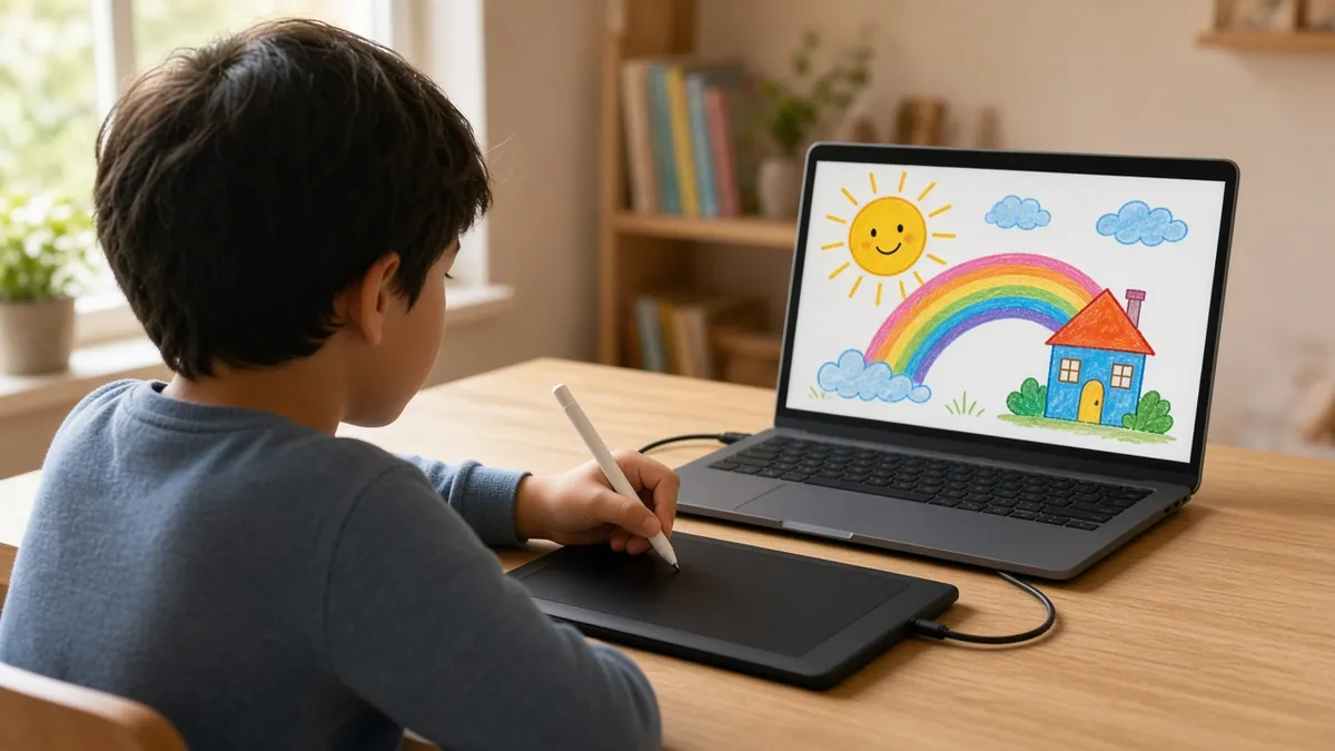 Kind von hinten zeichnet mit Stift auf einem Grafiktablett für Kinder am Laptop