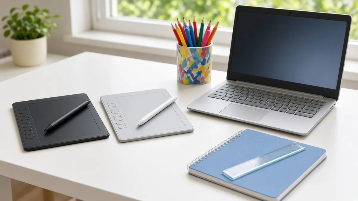 Zwei kleine Grafiktabletts mit Stift neben einem Laptop auf einem Schülerschreibtisch