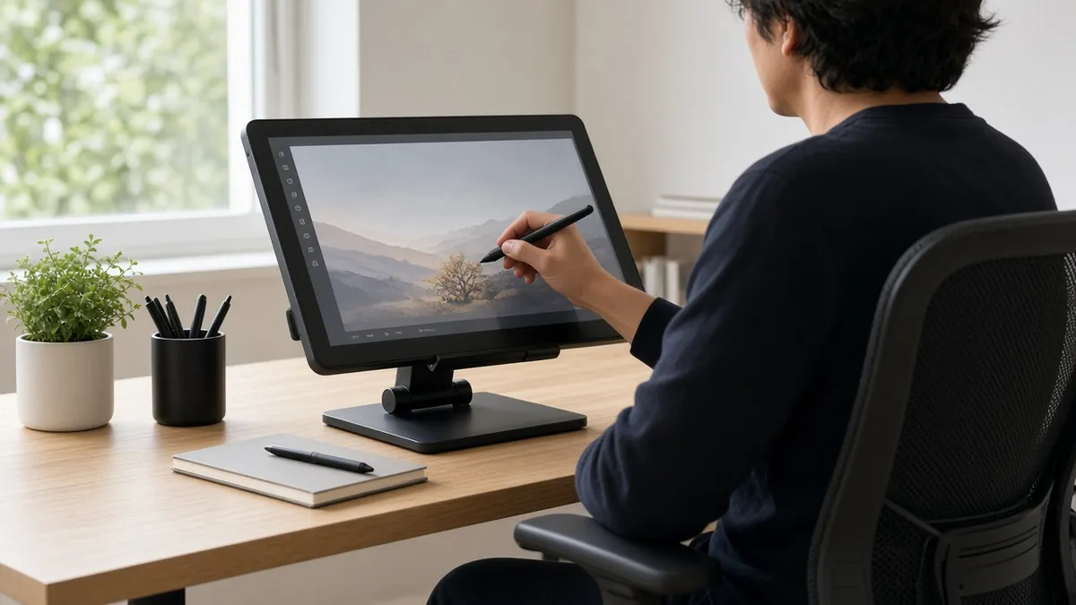 Grafiktablett mit Display auf verstellbarem Standfuß im schrägen Winkel bei ergonomischer Sitzhaltung