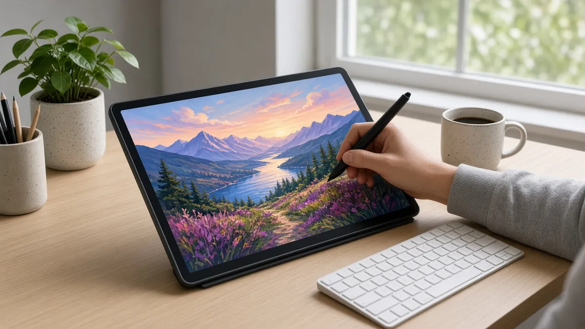 Hand zeichnet mit Stift direkt auf einem Grafiktablett mit Display, daneben Tastatur und Kaffeetasse