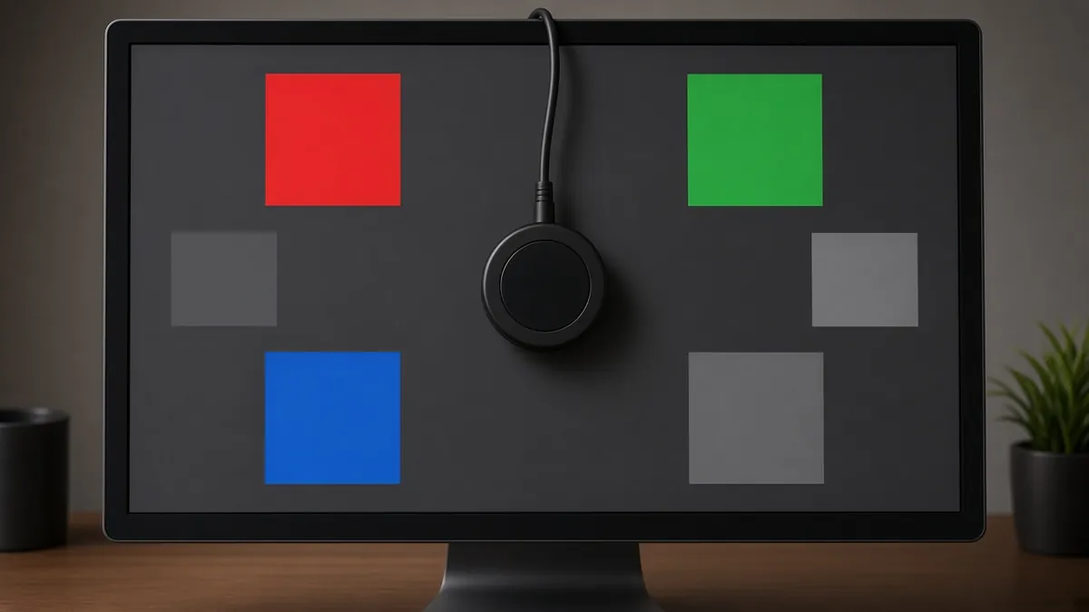 Colorimeter hängt vor einem Display mit Farbfeldern zur Kalibrierung