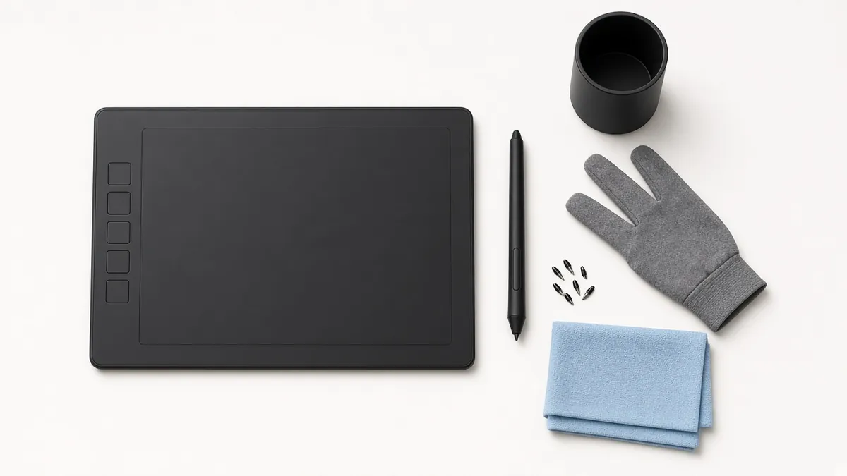 Grafiktablett Zubehör als Flatlay: Tablett, Stift, Zeichenhandschuh, Ersatzspitzen, Stiftständer und Mikrofasertuch