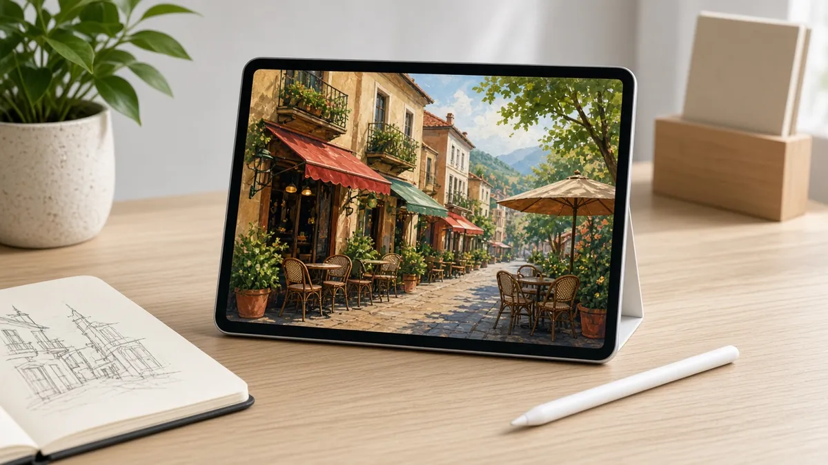 Tablet mit farbiger digitaler Zeichnung einer Straßencafé-Szene und Stift auf dem Schreibtisch