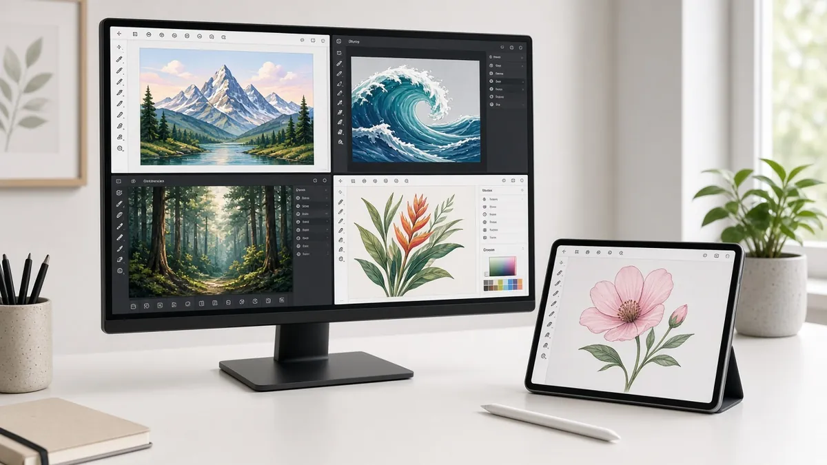 Mehrere kostenlose Zeichenprogramme auf Monitor und Tablet mit verschiedenen digitalen Illustrationen