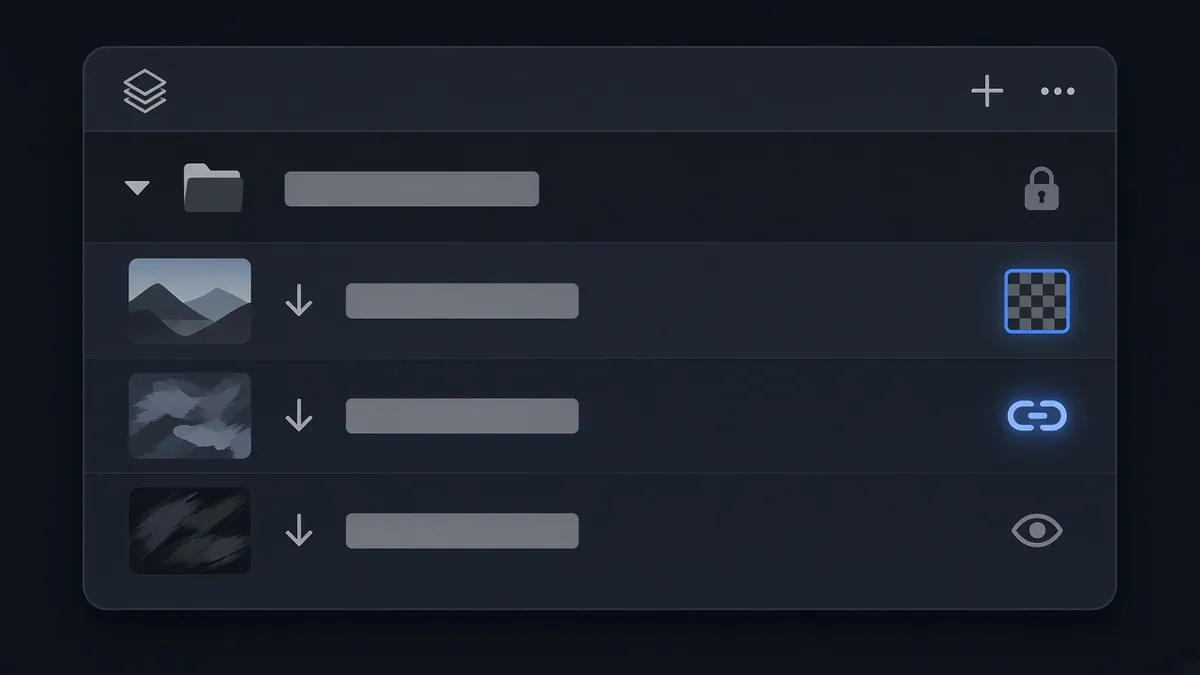 Symbolbild Ebenen-Bedienfeld mit Gruppe, hervorgehobener Alpha-Sperre und Alpha-Vererbung