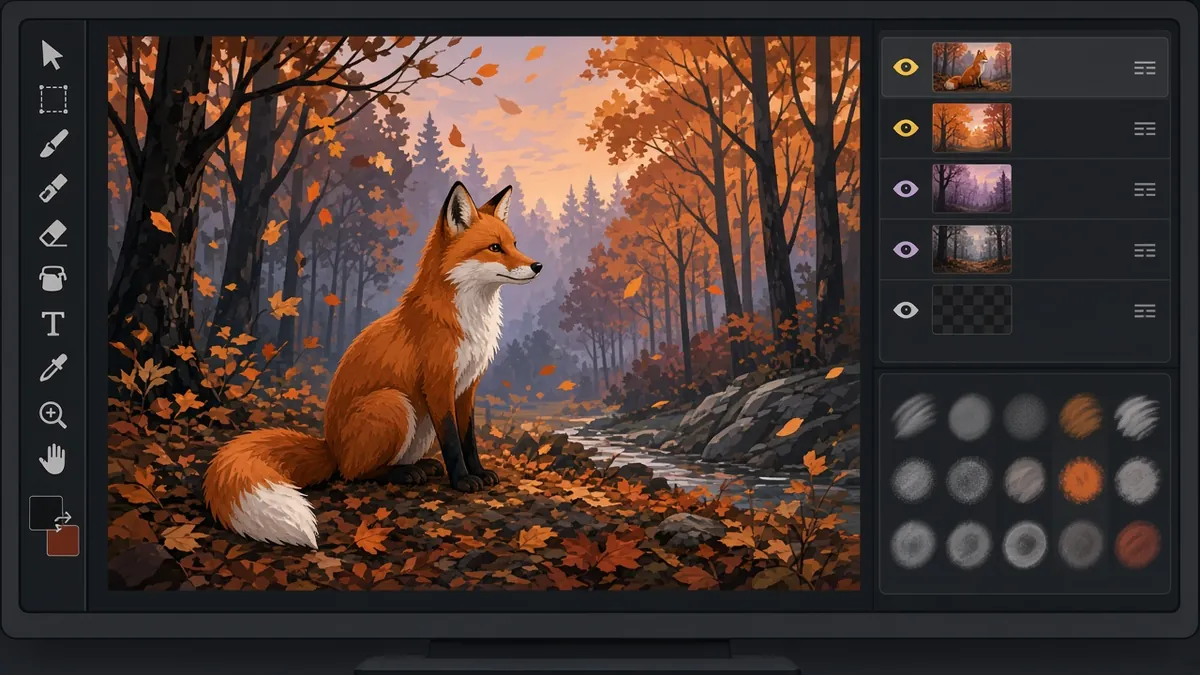 Dunkle Zeichenprogramm-Oberfläche mit Fuchs-Illustration, Ebenen- und Pinsel-Bedienfeld wie in Krita