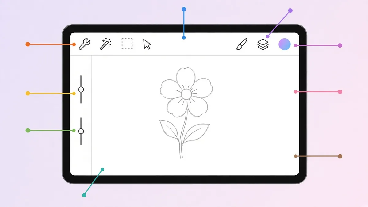 Schema einer Zeichen-App auf dem Tablet mit markierten Bereichen für Werkzeuge, Pinsel, Ebenen und Farbe