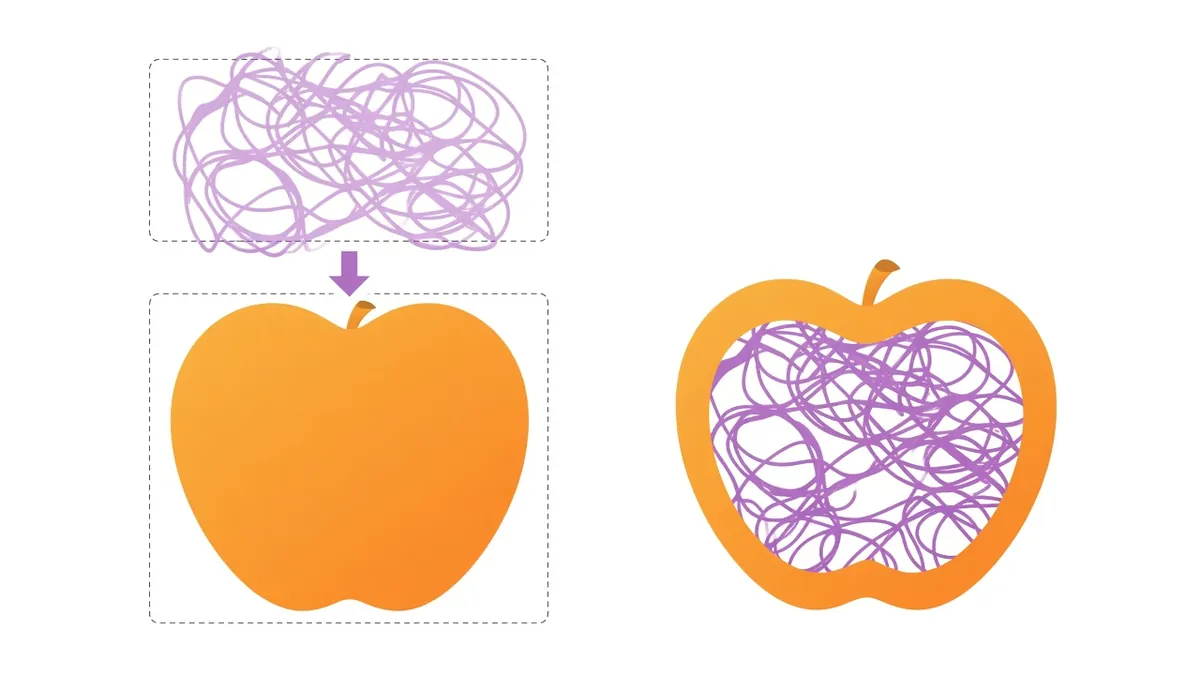 Grafik Clipping-Maske: Schattenebene wird nur innerhalb der Apfel-Grundfarbe darunter sichtbar