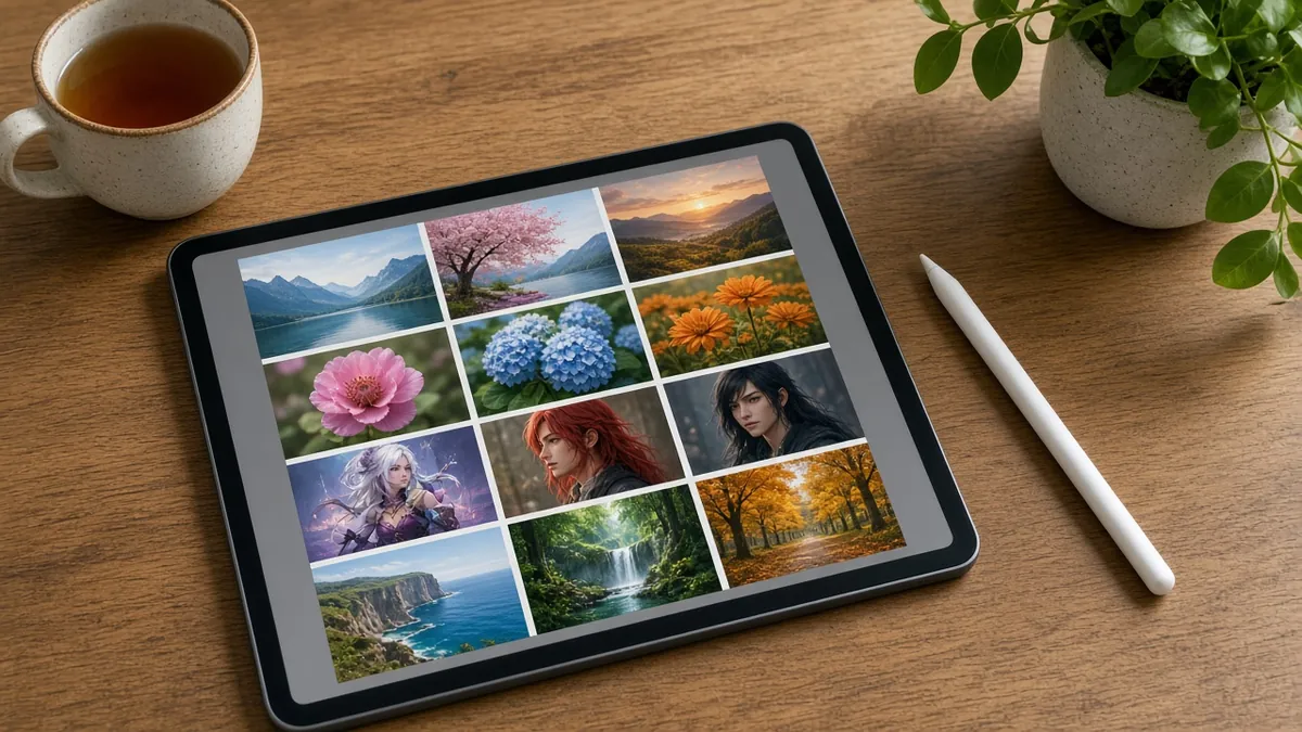 Tablet mit Galerie digitaler Zeichnungen und Stift auf einem Holztisch, Einstieg zur Procreate Anleitung